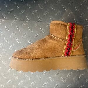 Brown Suede Ankle Boots with Red and Yellow Trim